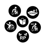 6 runde Logos, im Kreis angeordnet, für Barrierefreiheit mit diesen Bedeutungen: Rollstuhlgeeignet, geeignet für Menschen mit Geh-Einschränkung, Toilette für Rollstuhlnutzer*innen, Ticket für Begleitperson, Leichte Sprache, Relaxed Performance