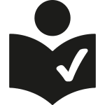 Aufgeschlagenes Buch mit einem weißen Häkchen. Darüber ein Kopf.